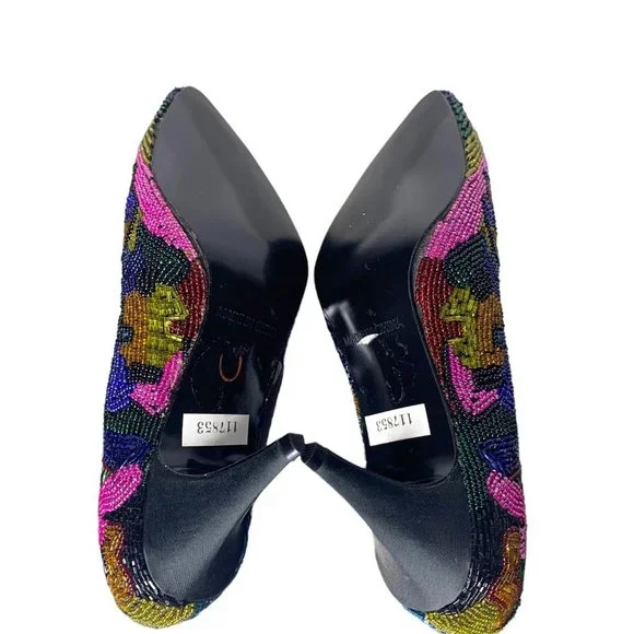 Vintage 90s Caparros Multicolor Pattern Beaded Pointed Toe Pumps 6